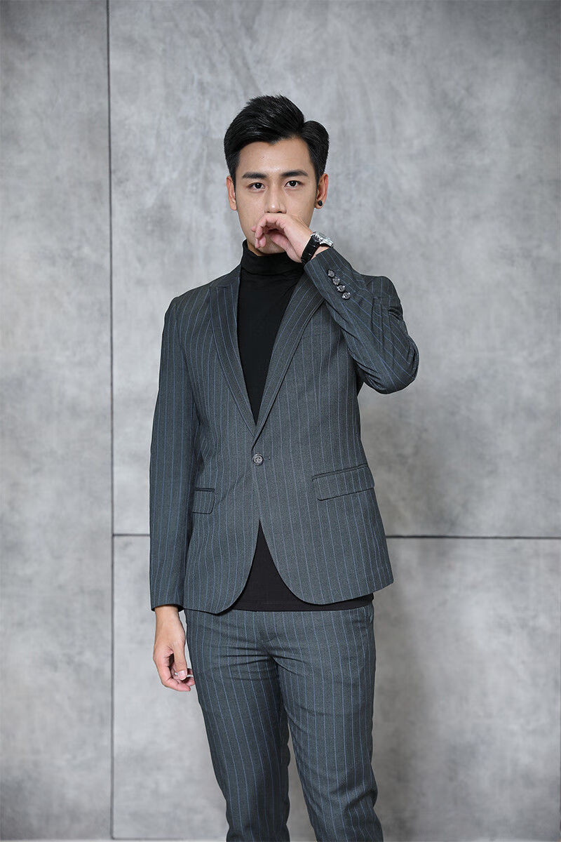 西服套装男士西装休闲外套条纹小西装新郎结婚礼服潮流男装秋单扣黑色