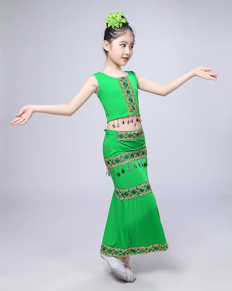 央紫傣族儿童服装儿童傣族舞蹈服孔雀舞演出服女童筒裙少儿云南鱼尾裙