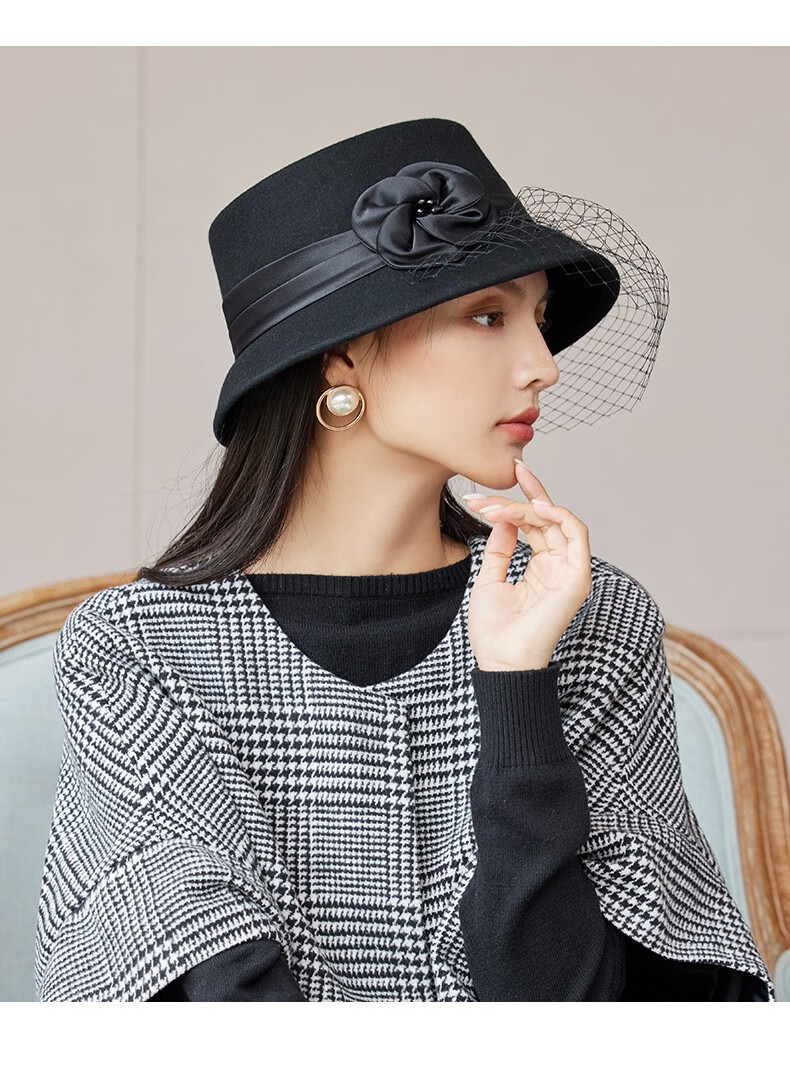布塔英伦复古礼帽女优雅淑女网纱盆帽时尚百搭保暖羊毛呢毡帽黑色均码