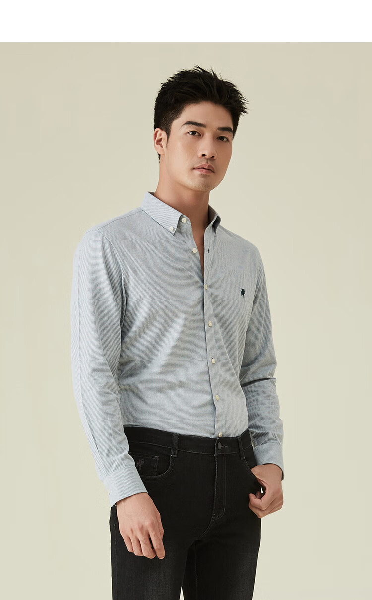 hartschaffnermarx哈特马克斯男士长袖衬衫秋款浅色纯棉免烫衬衣 灰色