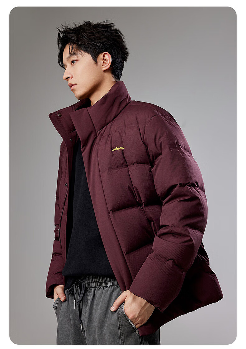 CABBEEN Men's Down Jacket with Nine-Grid Floral Pattern Channel Fabric, Textured Embossed Material, Winter Stand Collar Puffer Coat 10