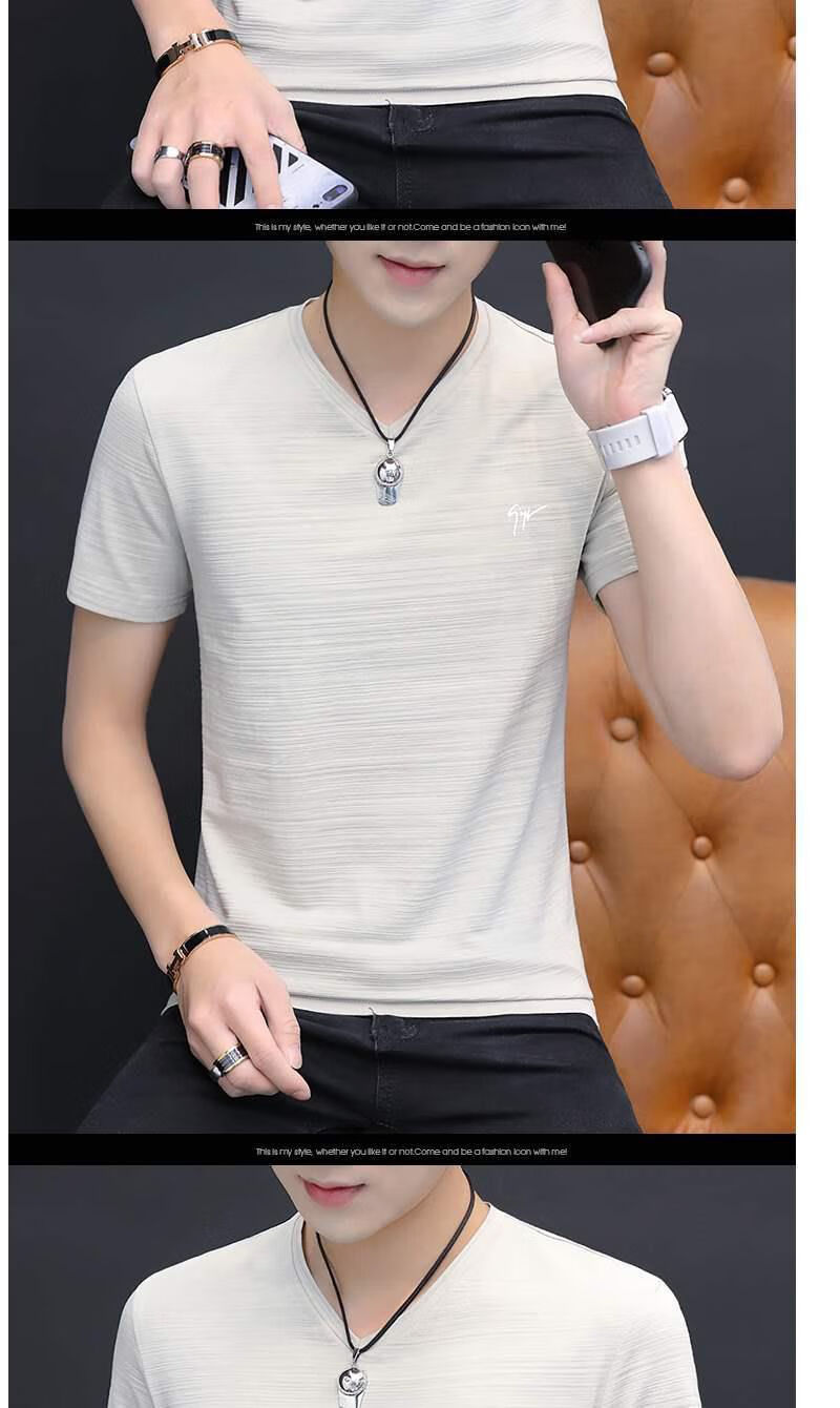【新品】夏季v字领短袖男t恤鸡心领休闲半袖简约体桖纯白色字母上衣服