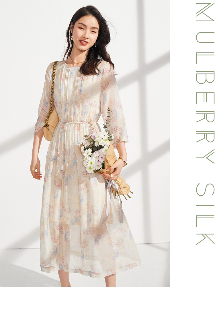 鳄鱼恤crocodile2022春夏新品100桑蚕丝乔其真丝连衣裙女气质垂顺印花