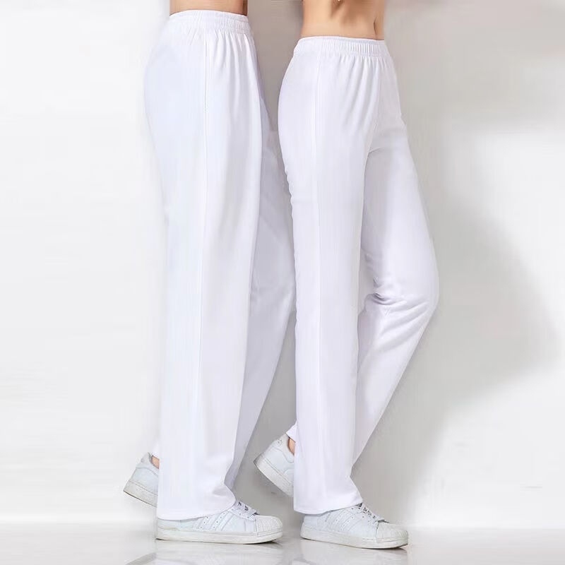 春夏广场舞白色运动裤团购男女标准型直筒红边南韩丝校裤长裤纯白色