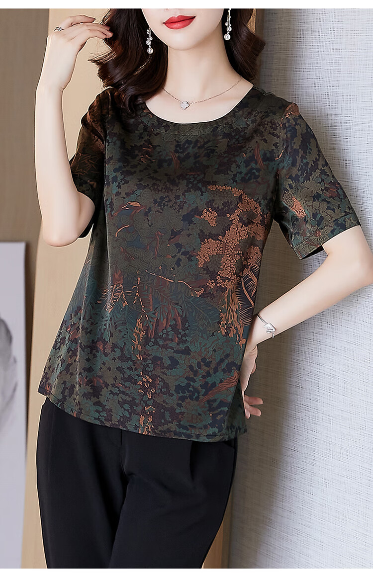 短袖香云纱中老年减龄真丝小衫女薄款墨绿色l建议85105斤穿做工精致