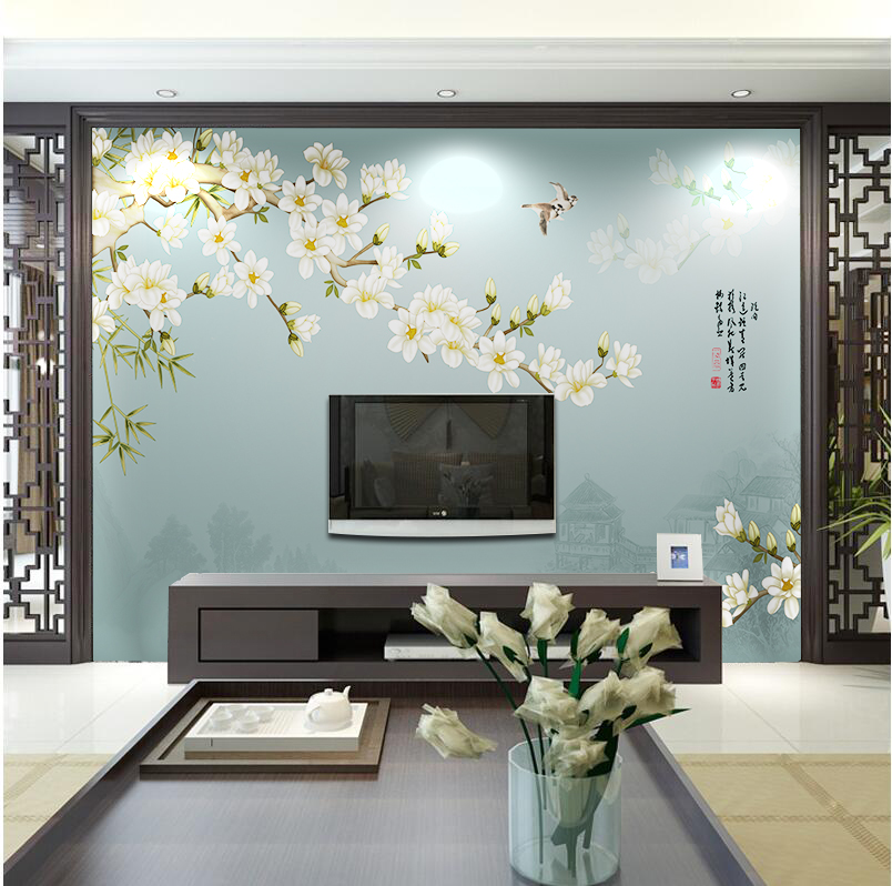 新中式花鸟电视背景墙客厅卧室自粘壁纸无缝影视墙布简约立体壁画