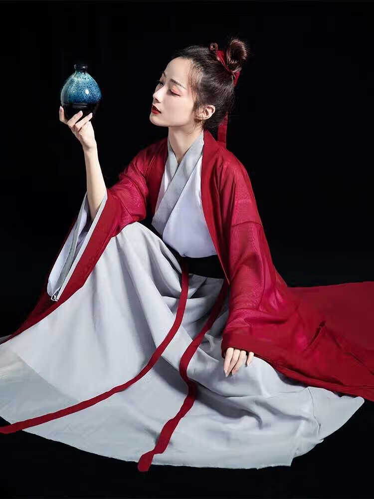 魏晋风长袍汉服红色古装女红颜女侠服仙气飘逸中国风汉元素大袖衫笠帽