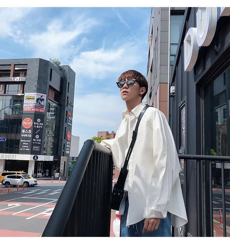 港风文艺男夏ins超火的白衬衫bf风韩版潮流长袖衬衣原宿外套潮 66黑色