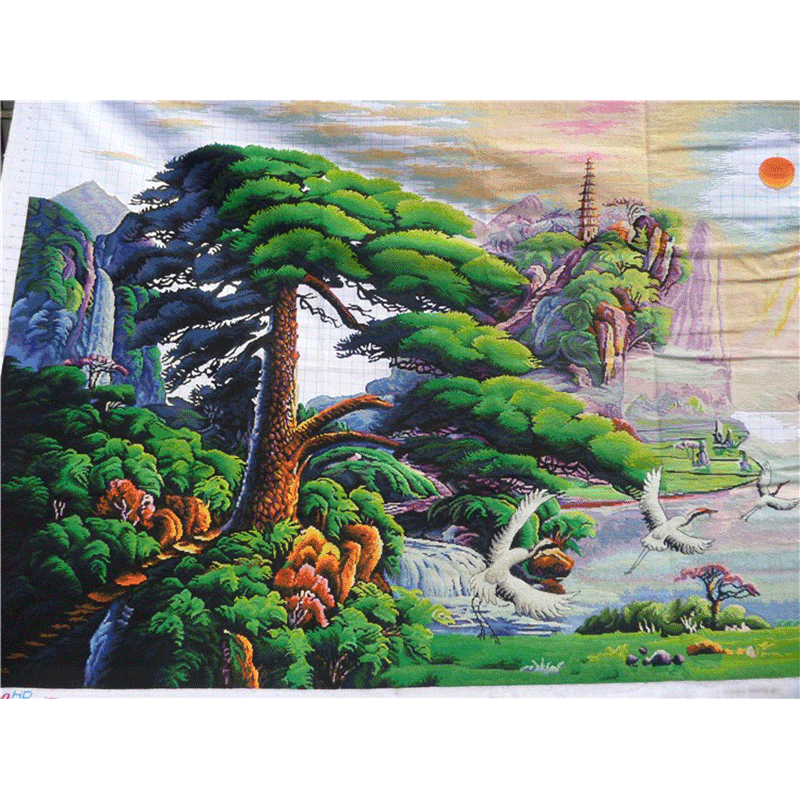 织巢鸟纯手工十字绣成品迎客松仙鹤版流水生财风景山水大画新款客厅