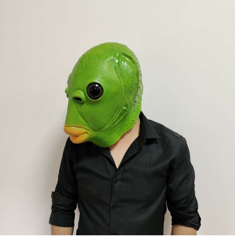 奔波儿霸绿鱼人头套抖音万圣节面具搞笑鱼头怪怪人绿色网红奔波儿霸
