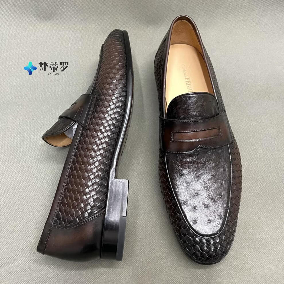 潮牌巴宝莉bv男鞋欧洲站鸵鸟皮加编织牛皮高端皮鞋套脚男鞋商务皮鞋擦