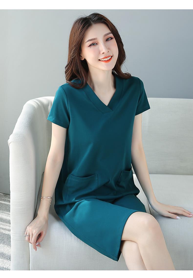 纯棉复古连衣裙韩版v领微胖mm宽松显瘦2020夏季新款中长裙子 孔雀蓝