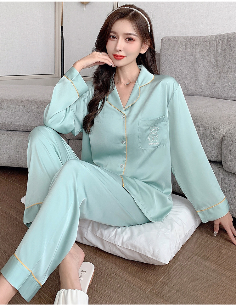 家居服套装女睡衣女新款冰丝家居服秋季女士长袖纯色小熊套装春秋款女