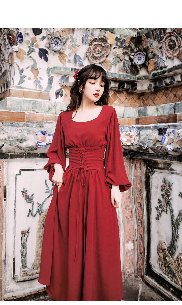 少女成人礼生日礼服裙成年公主群宫廷风方连衣束腰绑带法式复古长显瘦