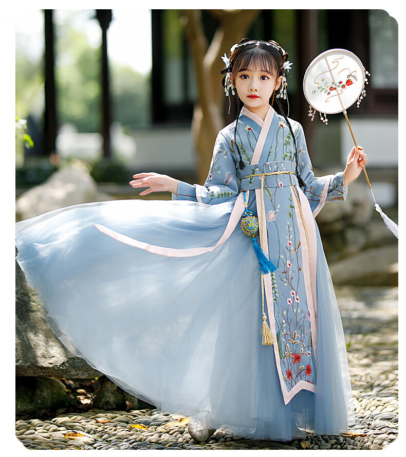 迪士尼disney中国风女童汉服儿童古装仙2022新款春季大童唐装刺绣襦裙