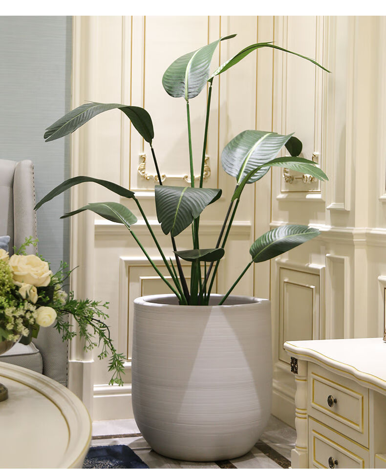 北欧现代简约大口径白色陶瓷落地花盆室内客厅酒店插花仿真大绿植