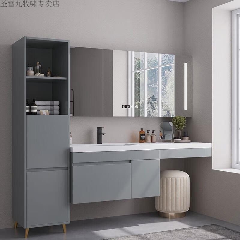 圣雪 现代简约橡木浴室柜梳妆台组合轻奢洗手池洗脸盆定制卫生间洗漱
