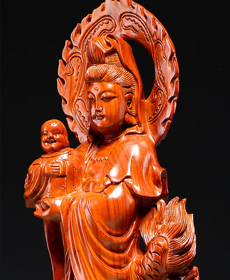 木雕观音佛像寺庙摆件供奉家用观世音菩萨雕刻工艺品精雕观音送子摆件