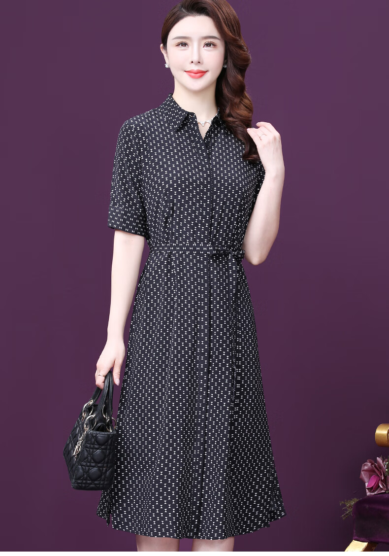 王小鸭女装连衣裙夏新款阔太太polo领收腰波点杭州真丝中长裙黑色4xl