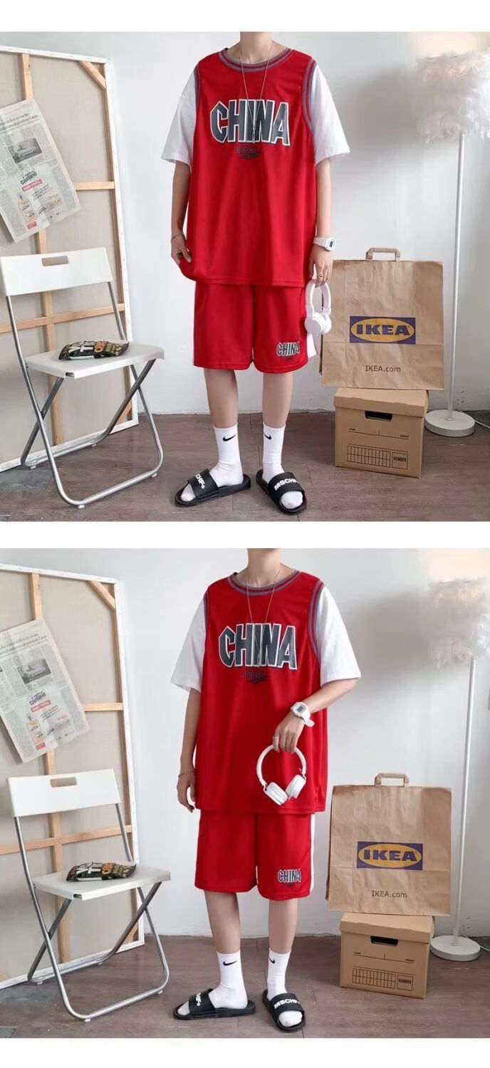 美何青少年篮球服套装男夏季假两件球衣短袖t恤加肥加大男装一套搭配