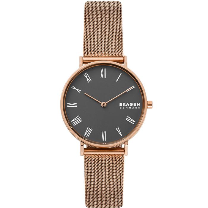 skagen女士手表hald石英机芯玫瑰金不锈钢网状表链34mm烟灰色表盘防水