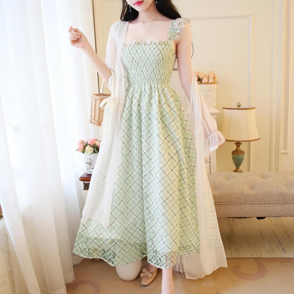 汐菡 小吊带裙女小清新长裙子仙女连衣裙到脚踝学生夏季碎花裙学院风