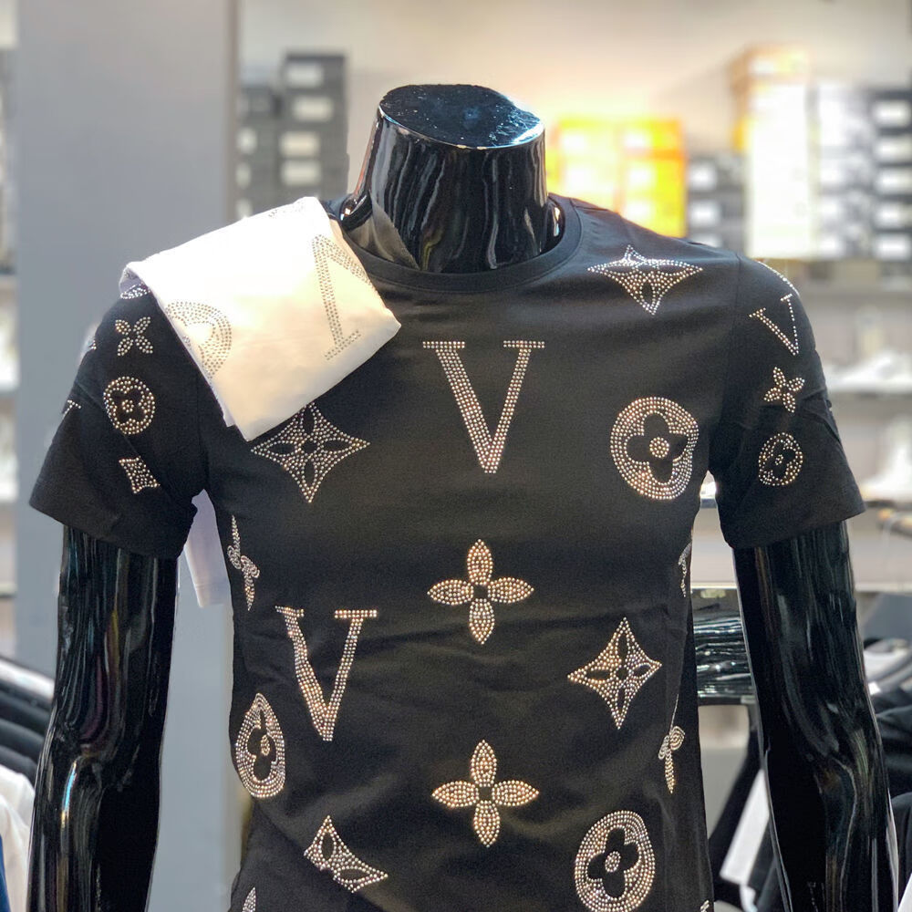 dyjalbert香港潮牌欧洲站烫钻男短袖潮牌男士恤带钻镶钻莱卡棉半袖修