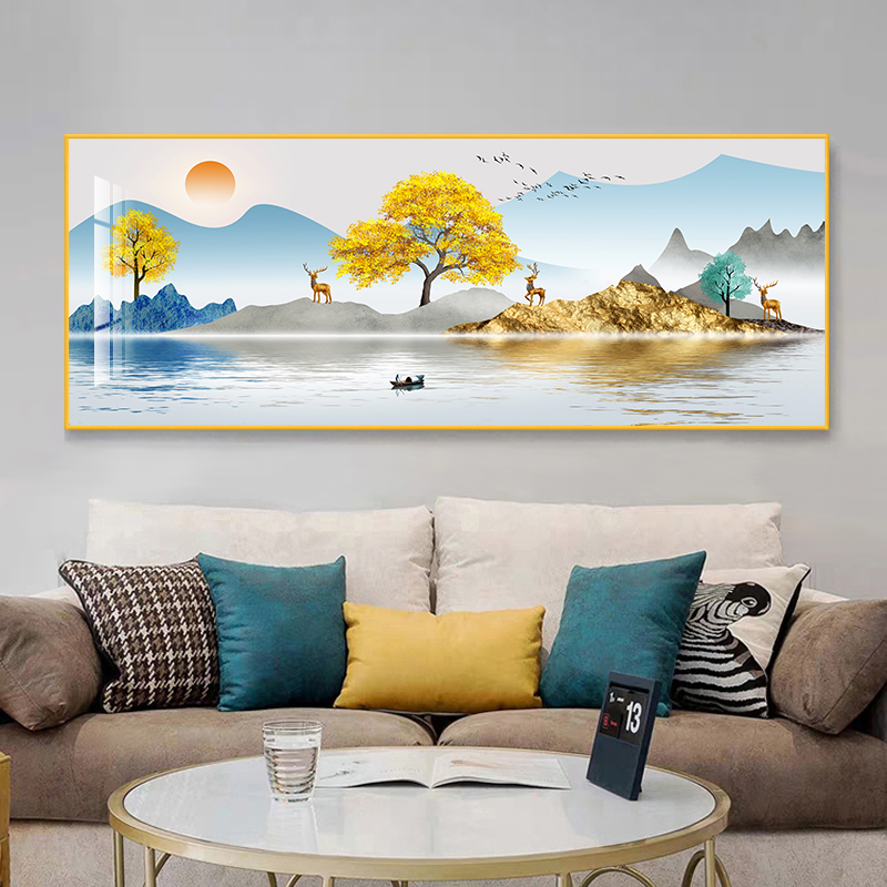京茂背有靠山客厅装饰画现代简约沙发背景墙挂画新中式横版晶瓷山水画