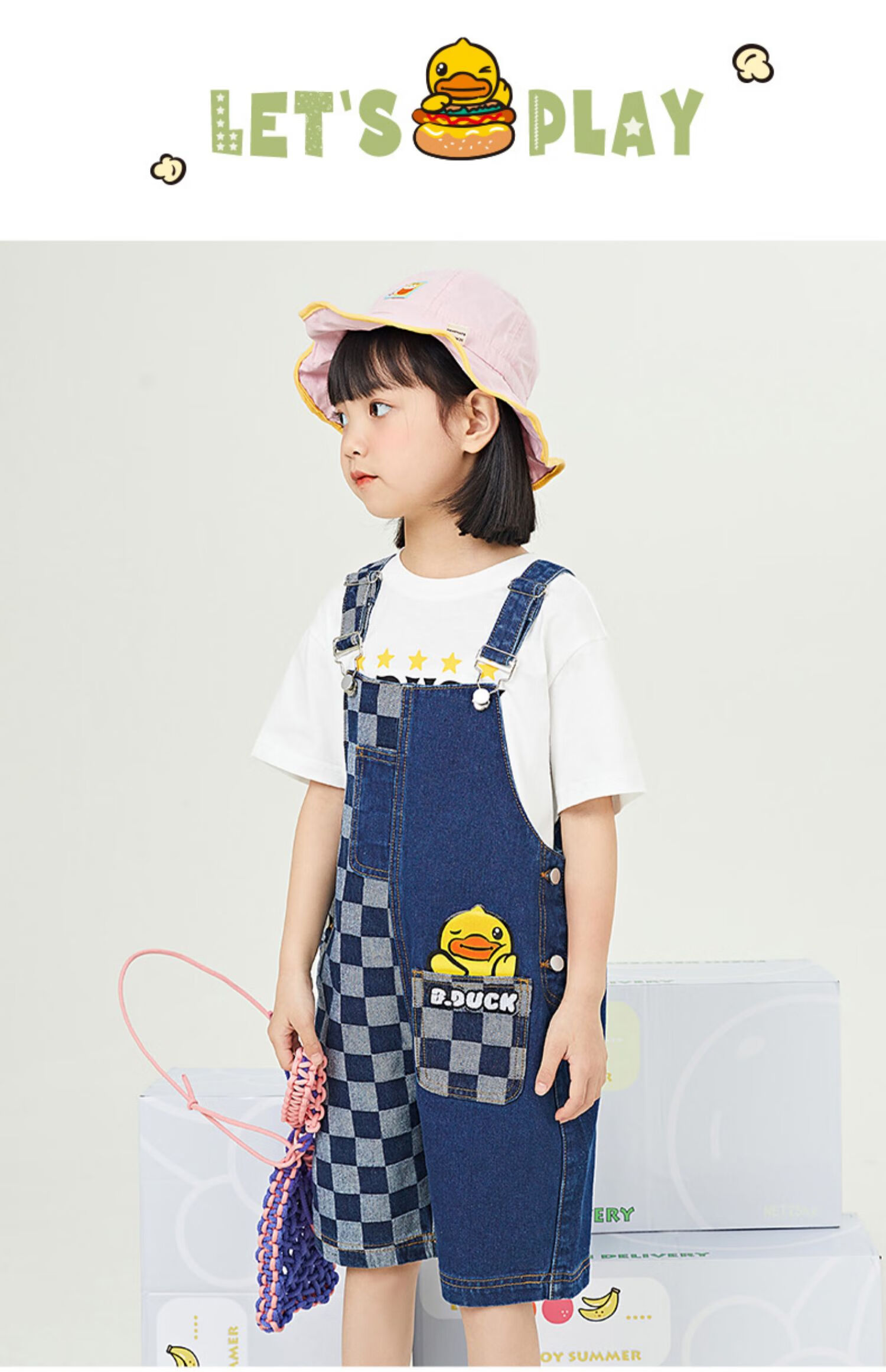 bduck小黄鸭童装儿童背带裤2022男童新款洋气五分裤女童裤子夏装牛仔