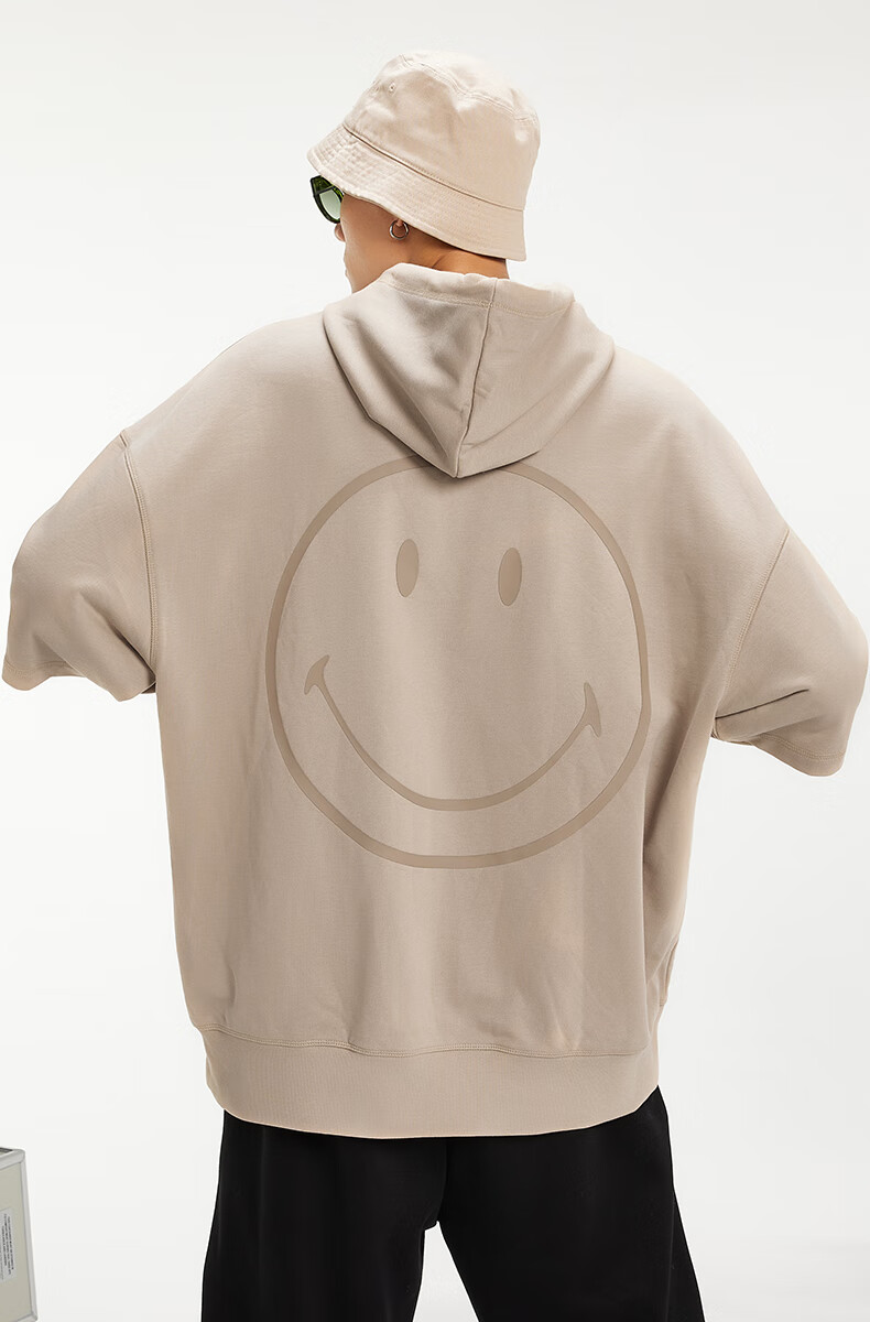 smiley笑脸假两件连帽卫衣22春季百搭潮流街头宽松纯棉套头上衣米白色