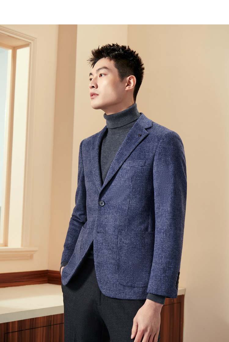 hla海澜之家英伦格纹休闲西服2020秋季混纺含绵羊毛单西外套男hwxad3q