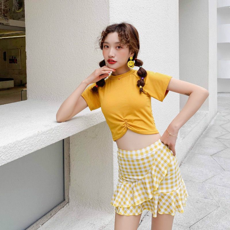 少女泳衣女孩12岁青少年泳衣女可爱日系保守分体格子仙女范新款小胸