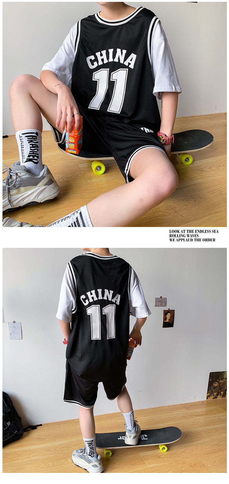 一套搭配帅气短袖t恤假两件ins潮流夏季潮牌篮球服球衣套装潮黑色l