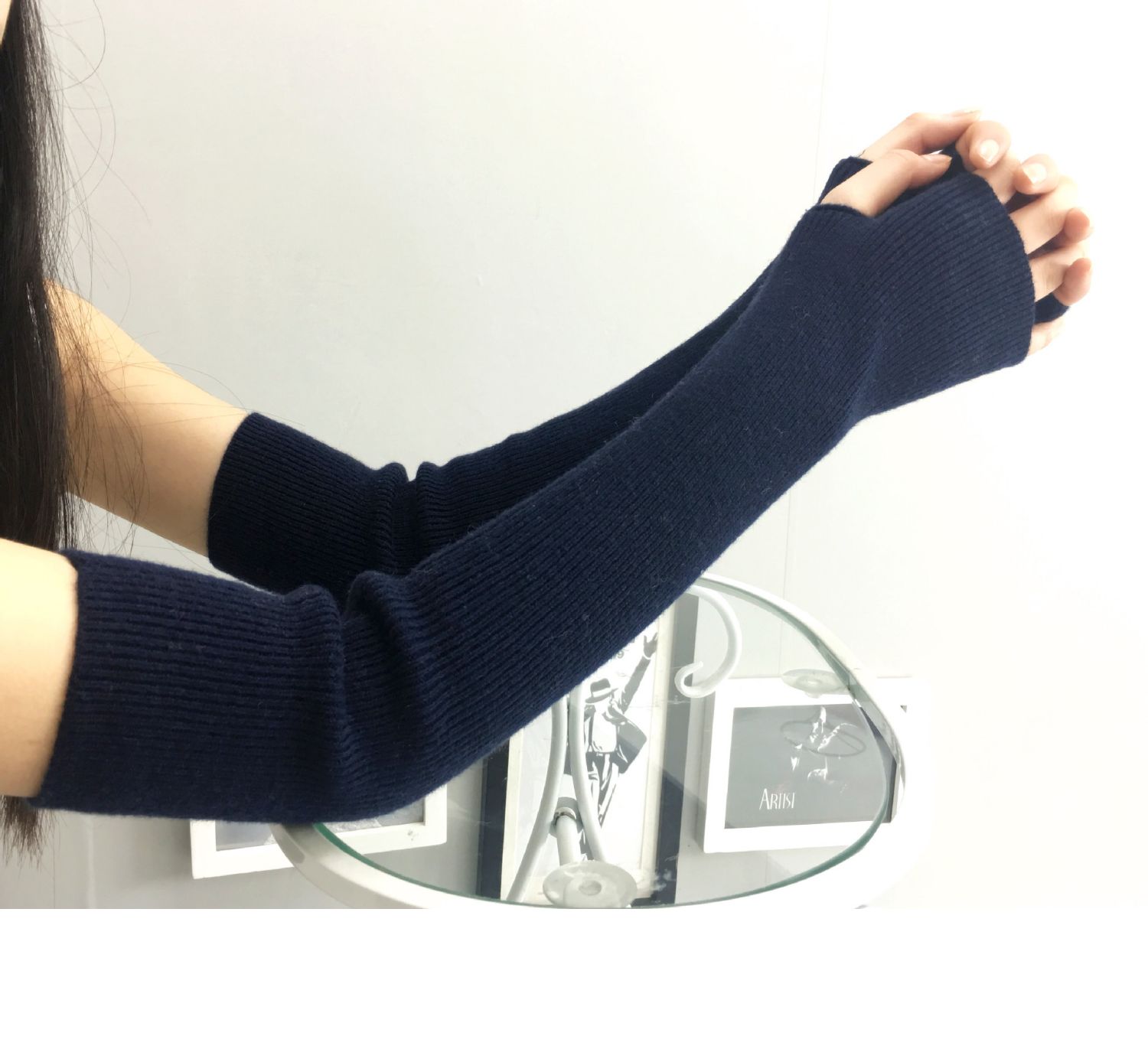 手袜女羊绒手臂套袖套女秋冬长款露指半指手套加厚保暖毛线护肘米白色