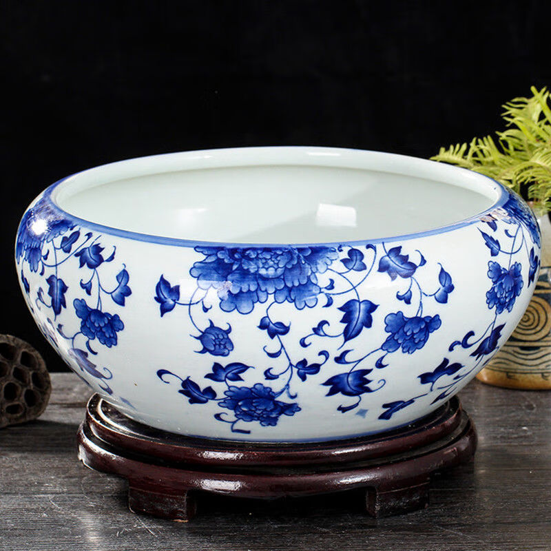 景德镇陶瓷花盆青花瓷养金鱼缸睡碗莲盆荷花缸 玉兰花 加大号直径50高