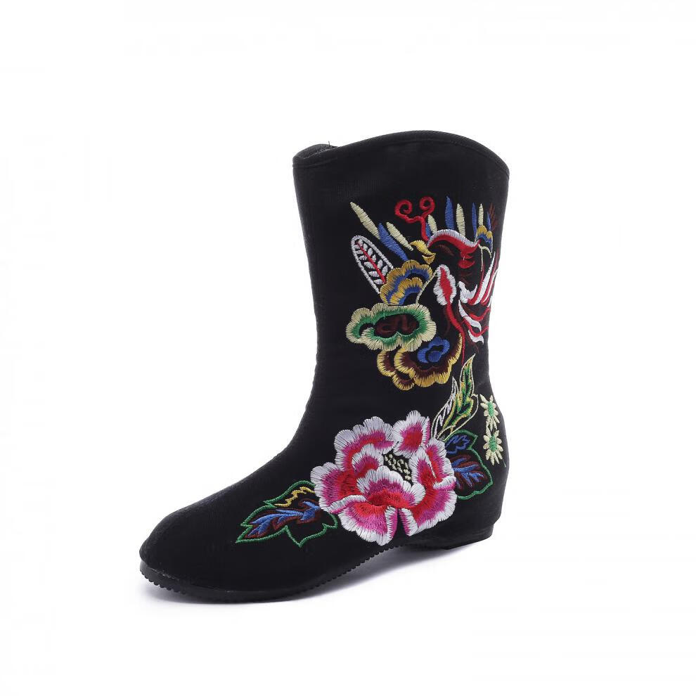 靴侧拉链内增高单靴舒适外穿绣花靴民族凤绣花布靴广场舞女式短靴子y