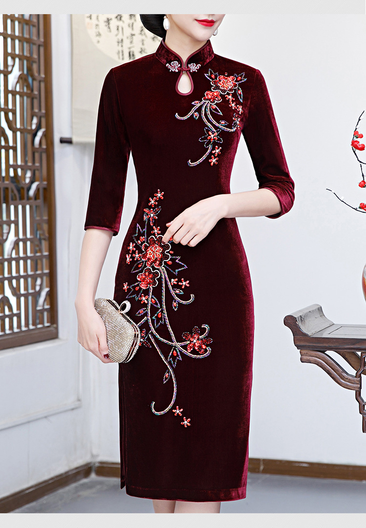 凡香云钉珠丝绒旗袍婚宴中年长袖婆婆妈妈服装秋季礼服女红色s