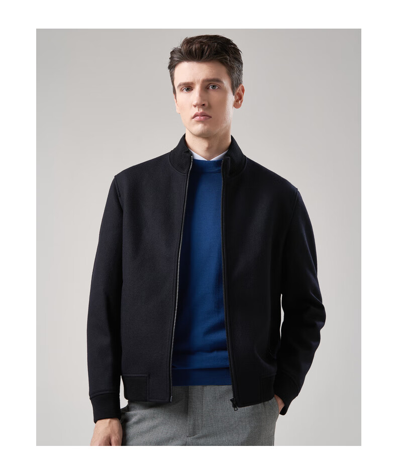 诺丁山春秋新款立领夹克男羊毛外套棒球夹克针织领商务休闲男装ng