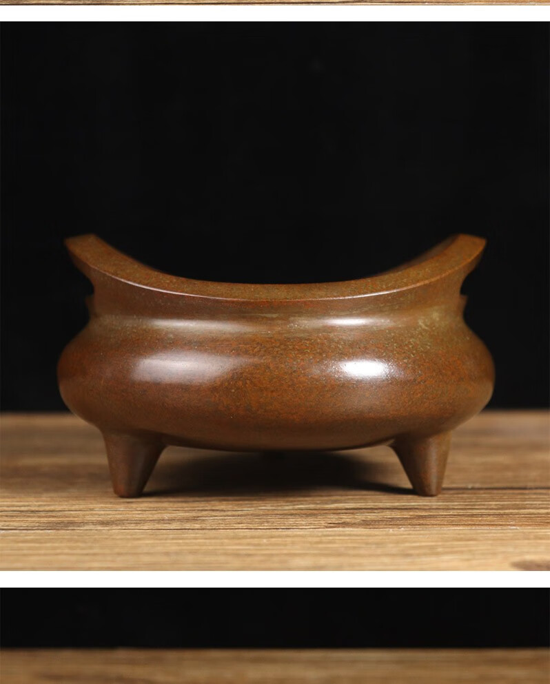 复古黄铜包浆三足香薰炉摆件线香盘香炉家居室内茶室熏香炉供佛香炉【