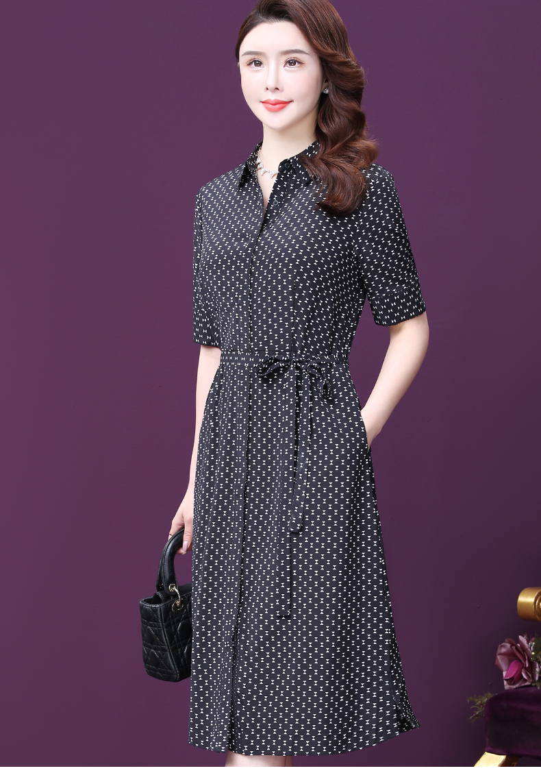 王小鸭女装连衣裙夏新款阔太太polo领收腰波点杭州真丝中长裙黑色4xl