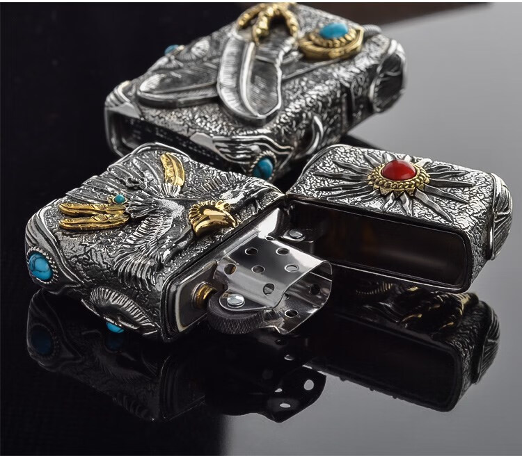 【情人节礼物】zippo打火机烈日雄鹰印第安绿松石重盔甲六面雕刻煤油