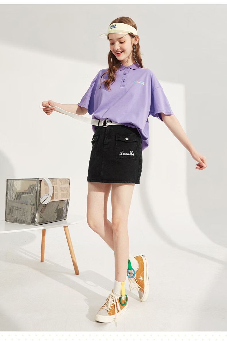 以纯线上品牌a21夏季新款2020女装上衣 卡通印花女翻领紫色t恤宽松