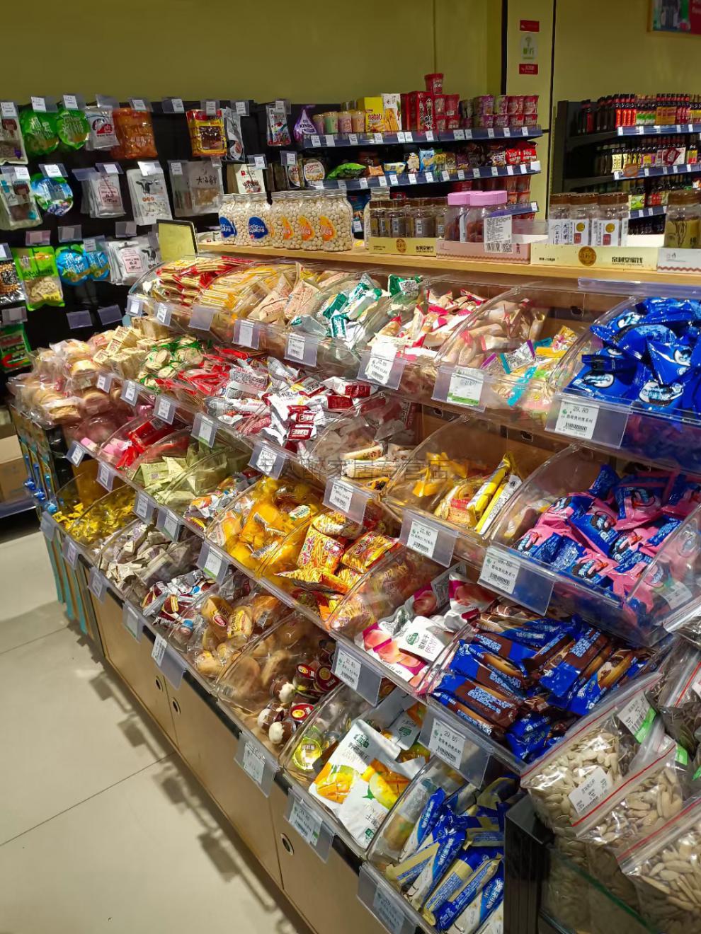 超市干果货架靠墙钢木结合散装零食五谷杂粮糖果柜米面鸡蛋架木制圆弧