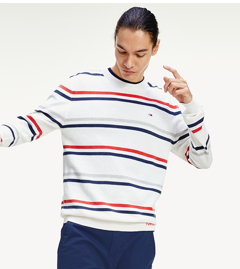 tommy男装春秋纯棉撞色条纹刺绣logo毛衣针织衫dm0dm08066红白蓝条纹0