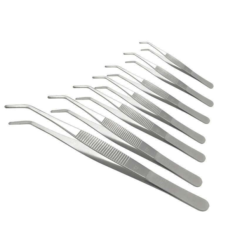 医用304不锈钢镊子加厚加硬弯圆头带齿敷料捏解剖弯尖水草工具夹125cm