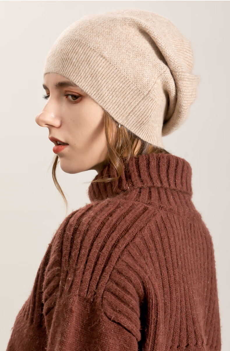 srzv纯羊绒帽子女2021年秋冬季新款保暖百搭针织绒线帽防寒护耳堆堆帽