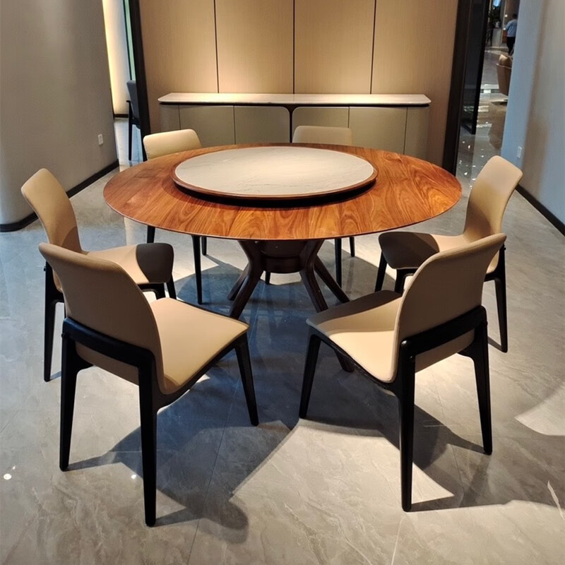 新品致典圆餐桌大户型15米135米实木餐桌椅组合岩板转盘餐桌北美黑