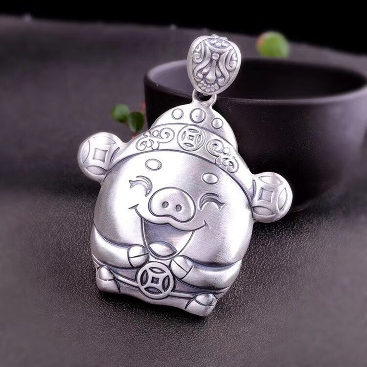 卡通小猪银吊坠女 吊坠银坠子复古如意福气猪吊坠妈妈女友 七夕礼物