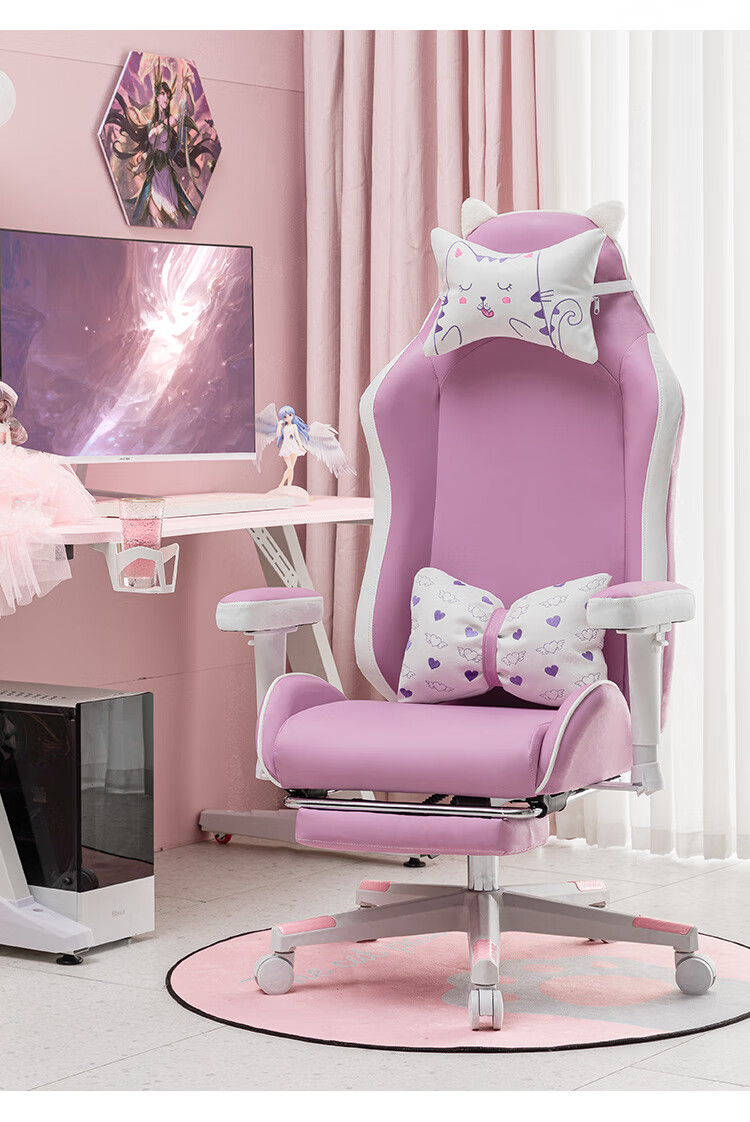 xjia电竞椅女生人体工学主播直播游戏舒适家用转椅座椅粉色可爱猫咪