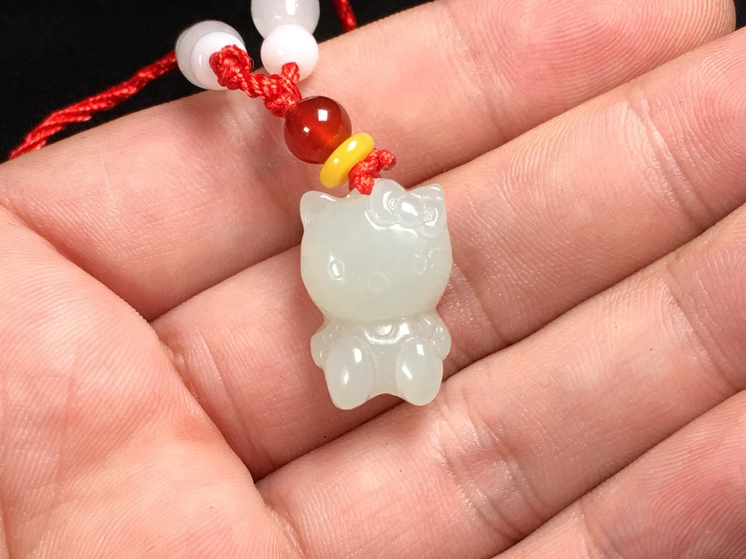 逸阅堂天然和田玉kitty猫挂件 和田玉白玉小萌猫吊坠 玉石玉坠 约20*